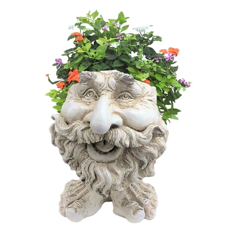 pot fleurs visage humain stylisé aspect sculpté détails barbe moustache beige clair gris fantaisiste