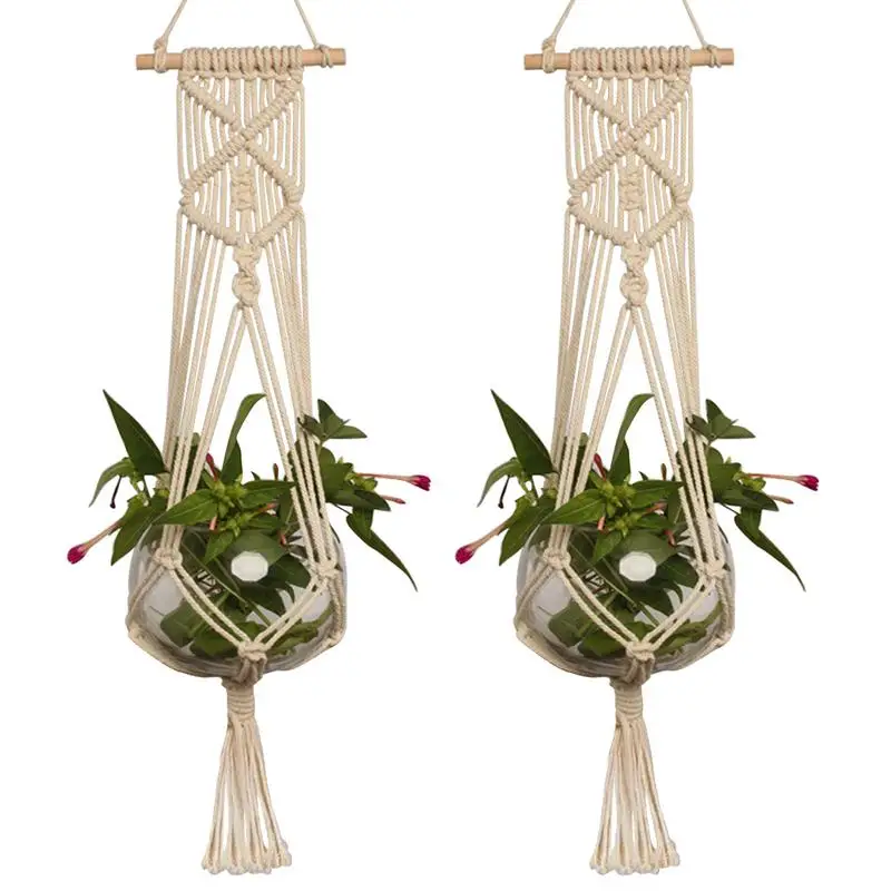 porte plante murale macramé tressé main bohème naturelle suspension plante verte pot verre