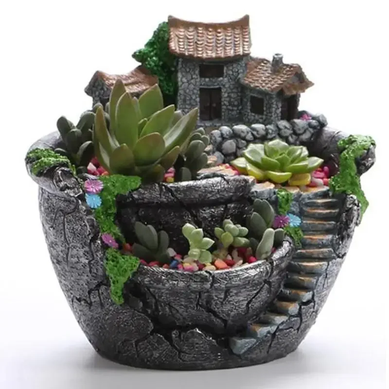 pots fleurs résine succulentes maisonnette féerique miniature végétation artificielle tuiles escaliers cheminée