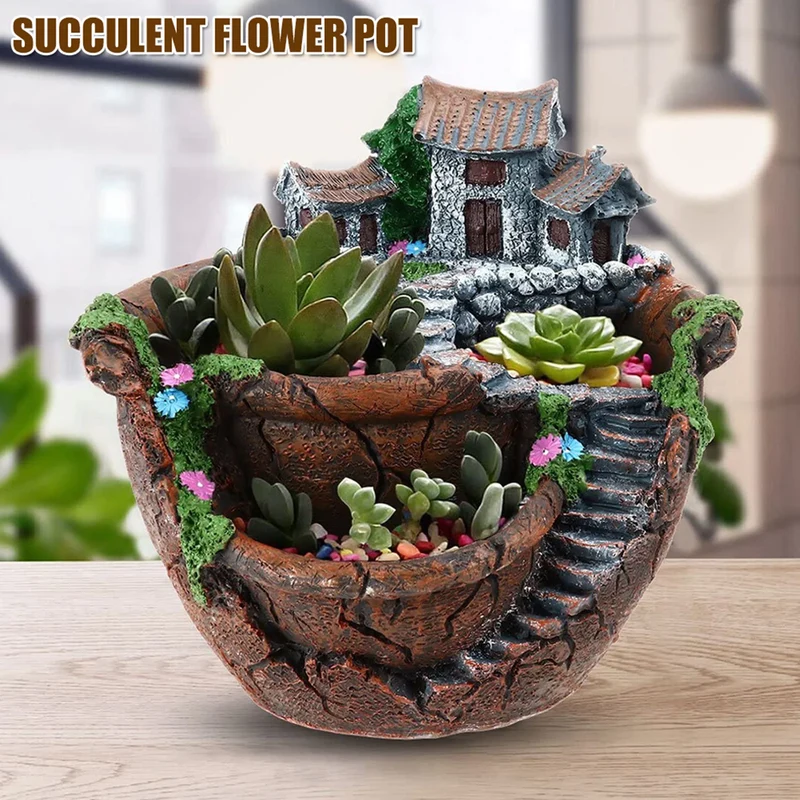 pots fleurs succulentes maison miniature rustique figurine chat briques tuiles mousse artificielle