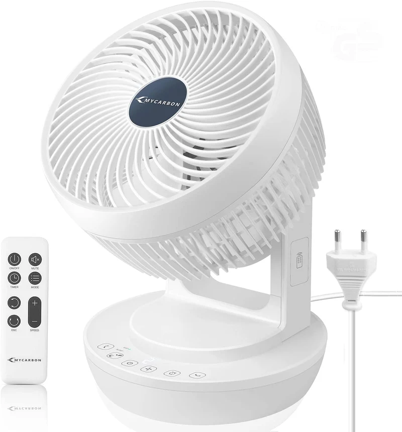 MYCARBON Ventilateur Silencieux avec Télécommande 1800m³/h ECO Mode 3D Oscillation 4 Vitesses Minuterie 12h Turbo Ventilateur à Circulation d'Air pour Bureau Chambre 30m²