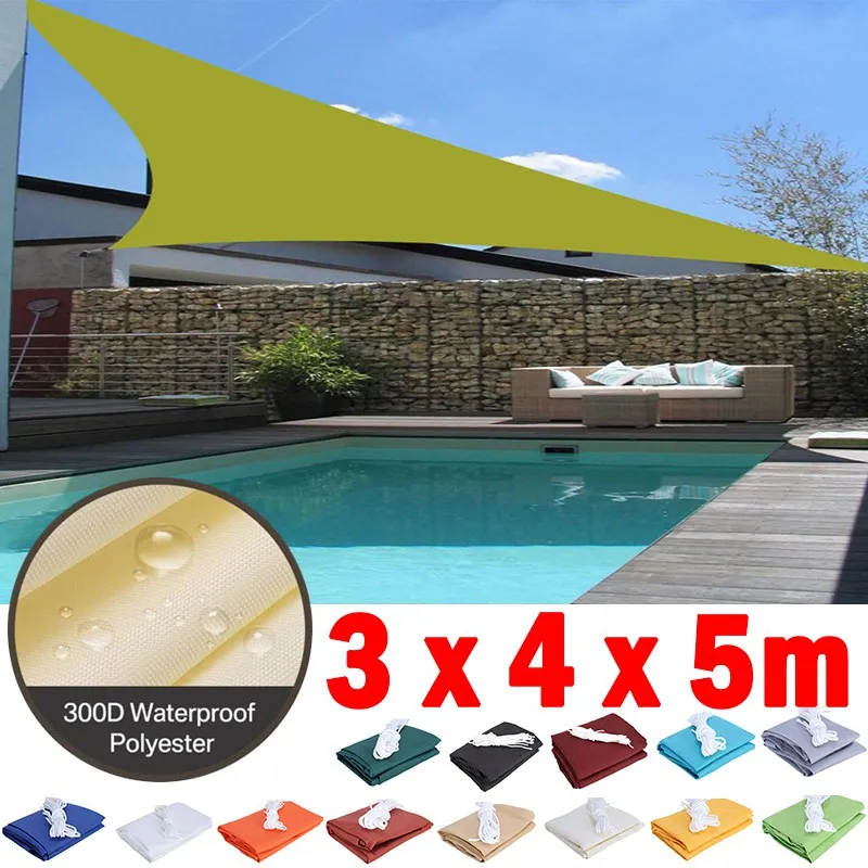 voile d'ombrage triangulaire 3x4x5m impermeable tissu polyeste 300d metalliques couleurs vertclair beige gris bleu