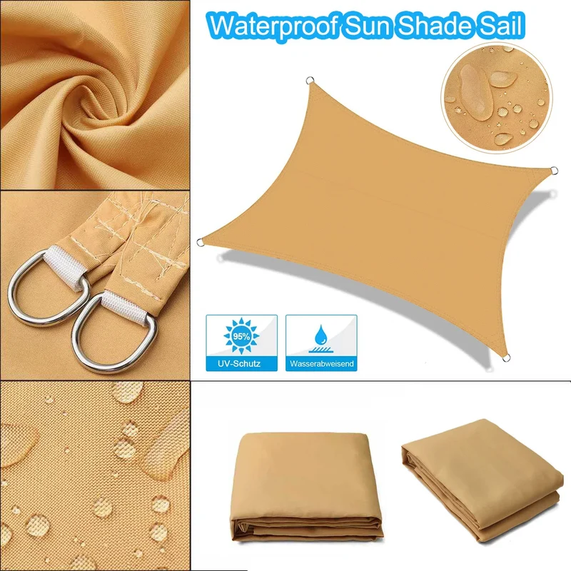 voile d'ombrage triangulaire jaune sable tissu texturé imperméable protection uv métallique fixations jardin terrace