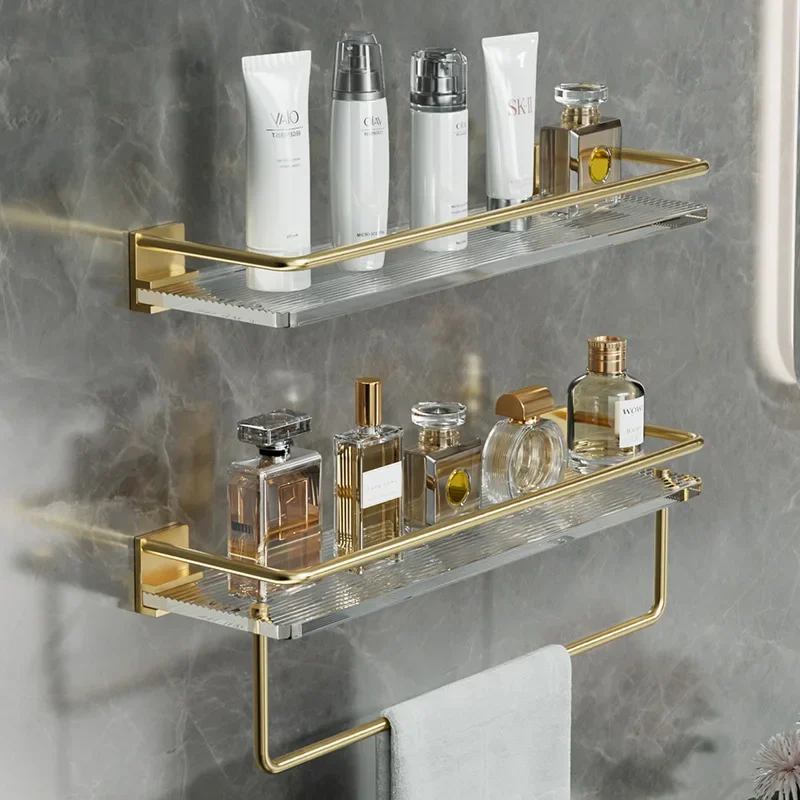 Support de rangement d'angle mural pour serviettes de salle de bain en acrylique doré - Ombre Interieur