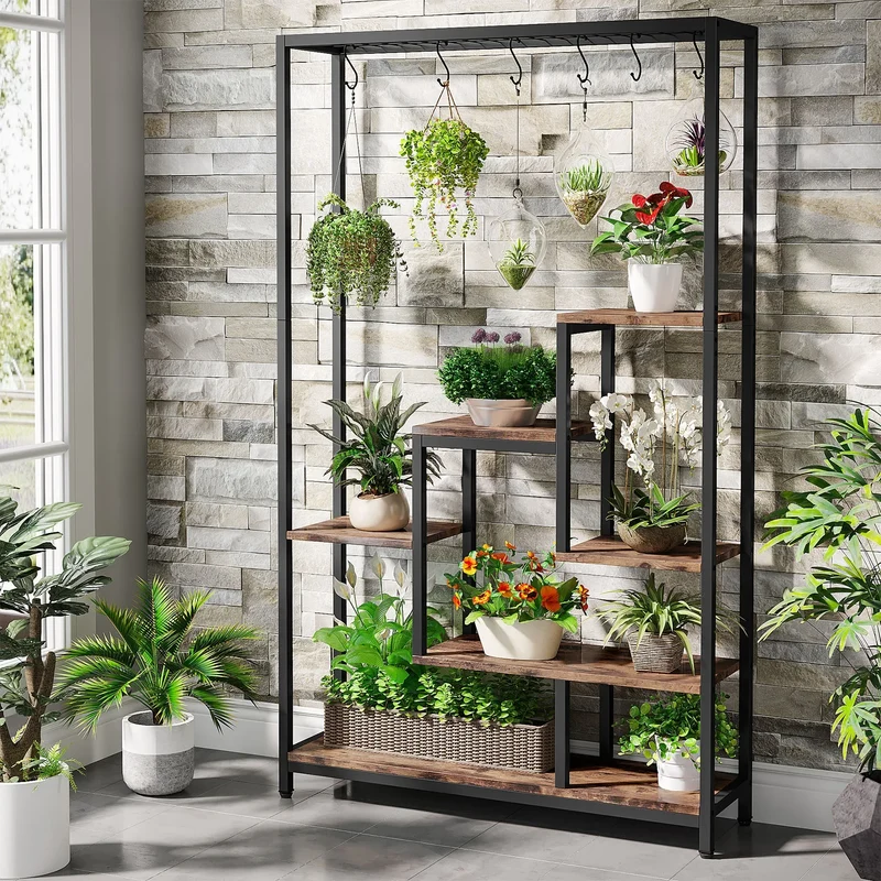 Support pour plantes d'intérieur 5 niveaux métal 180 cm avec crochets, étagère échelle multifonction