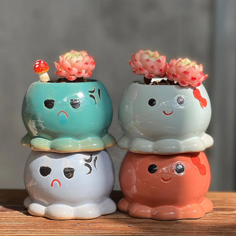 pots fleurs céramique octopuses empilés bleu turquoise blanc succulentes palmiers kawaii décoratif enfantin