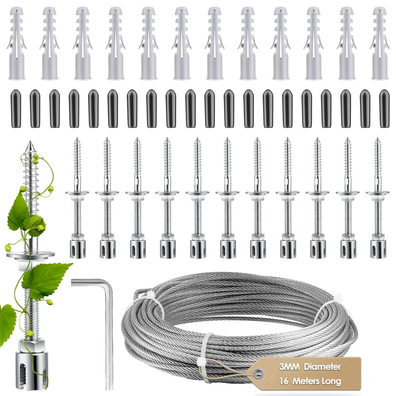 Support pour plante grimpante en acier inoxydable 16m avec câble 3mm et tendeurs - Kit complet