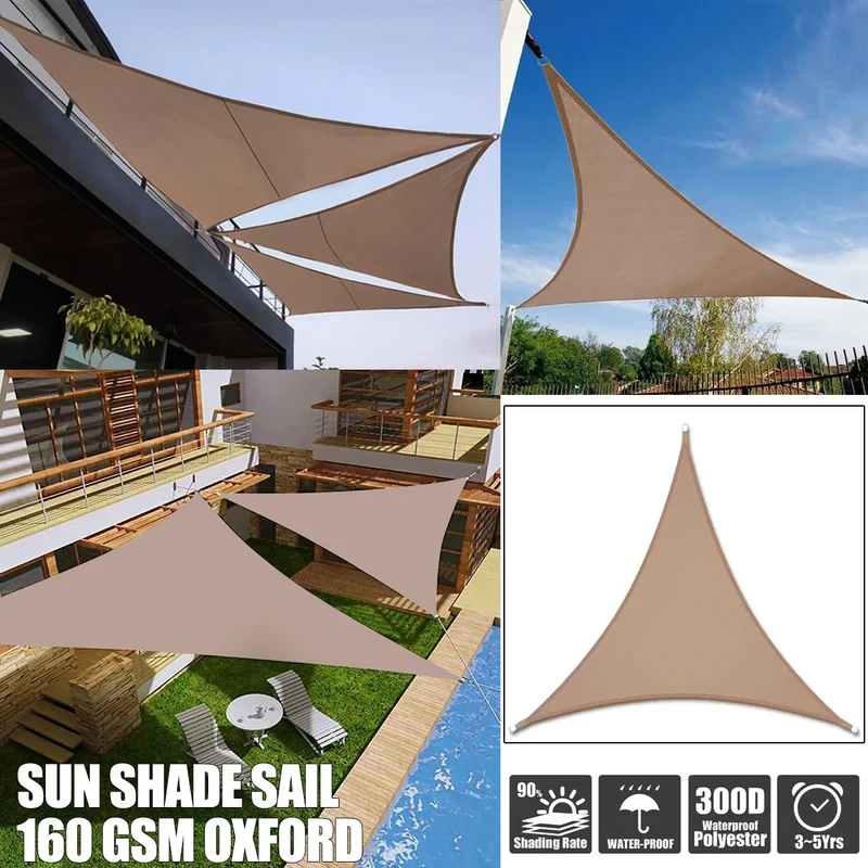 voile d'ombrage triangulaire tissu texturé beige clair protection solaire moderne élégance extérieur jardin