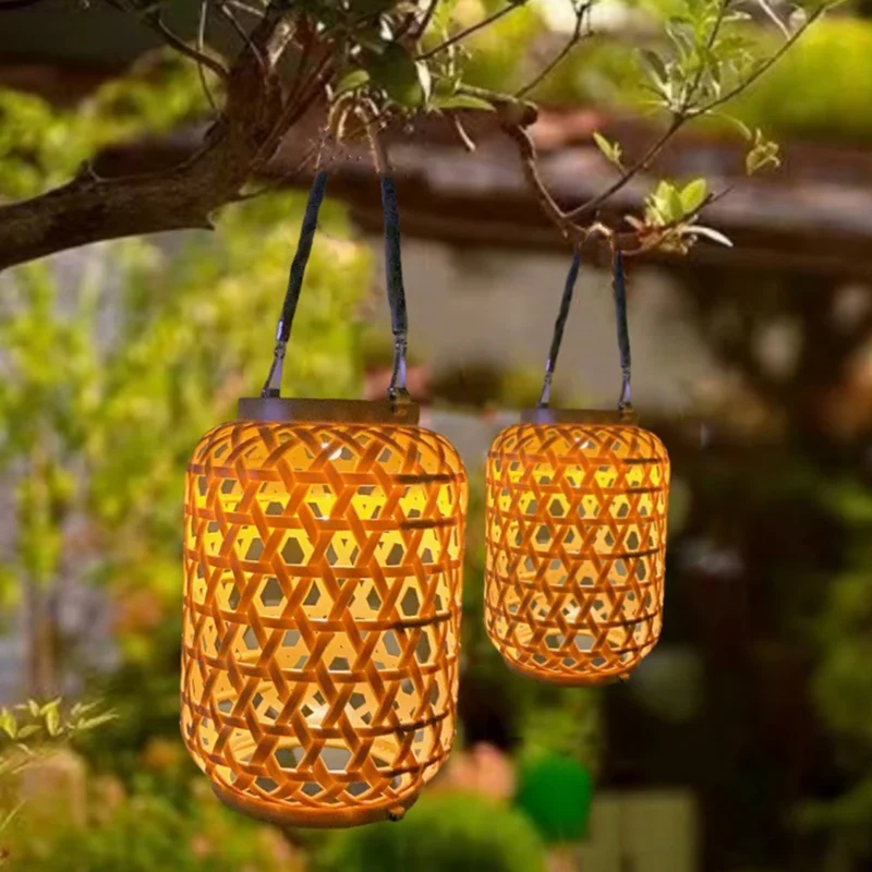 lanterne solaire suspendue tressée bambou géométrique semi transparent bohème rustic tropical jardin