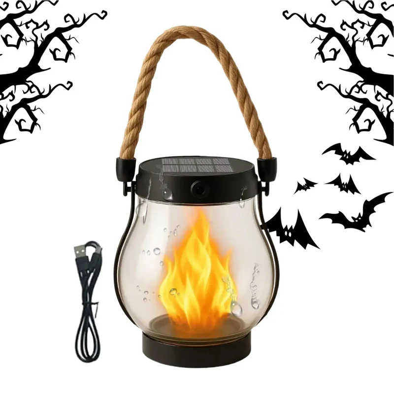 Lanterne solaire extérieure avec effet flamme vacillante pour Halloween et jardin - Décoration lumineuse