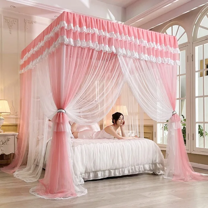 moustiquaire lit deux couches bleu blanc rose volants tissu fluide semi transparent romantiqueDecoration