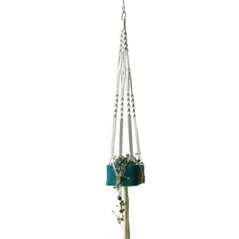supports plantes suspendus macramé tressage nœuds franges bohème artisanal anneaux pots turquoises verte lanternes
