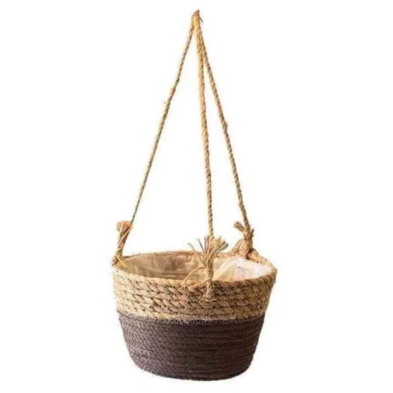 porte plante suspendue tressée corde bohème rustique panier beige marron fixations cordes