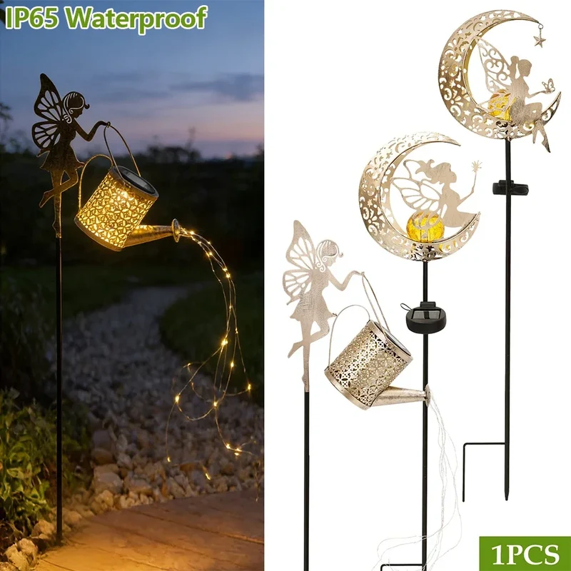 lanterne solaire extérieure métal ajouré fée arrosoir lune guirlandes led verte ornement nocturne fantaisie