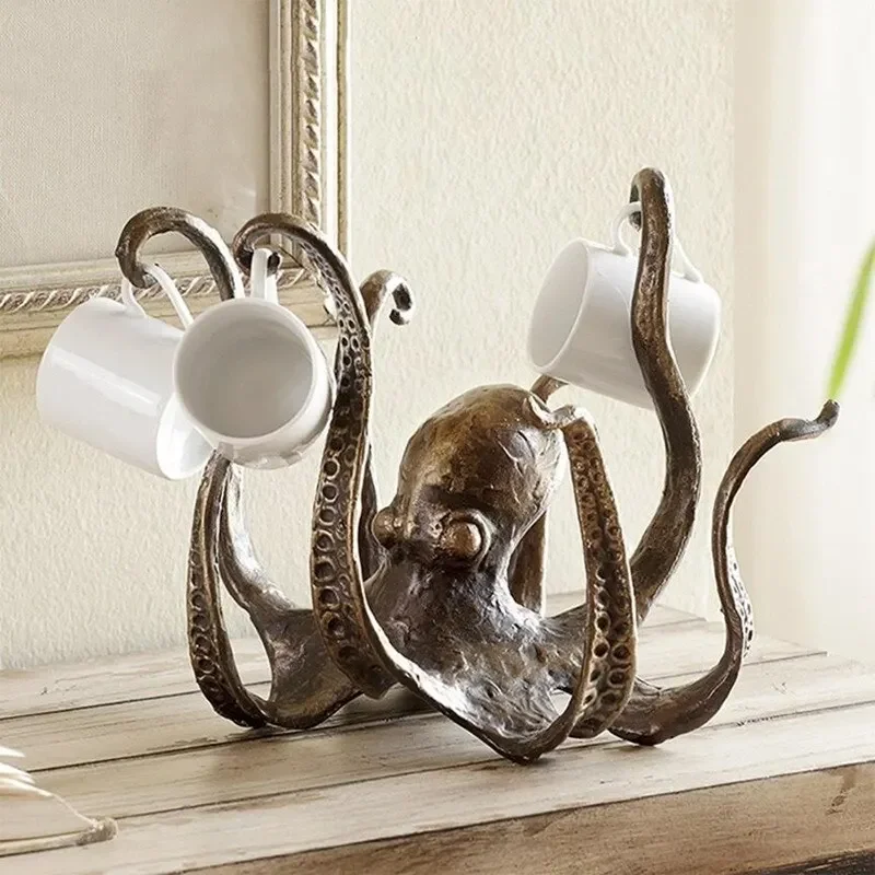 support tasses forme poulpe bronze marron texturé aspect vieilli décoratif marin original maison