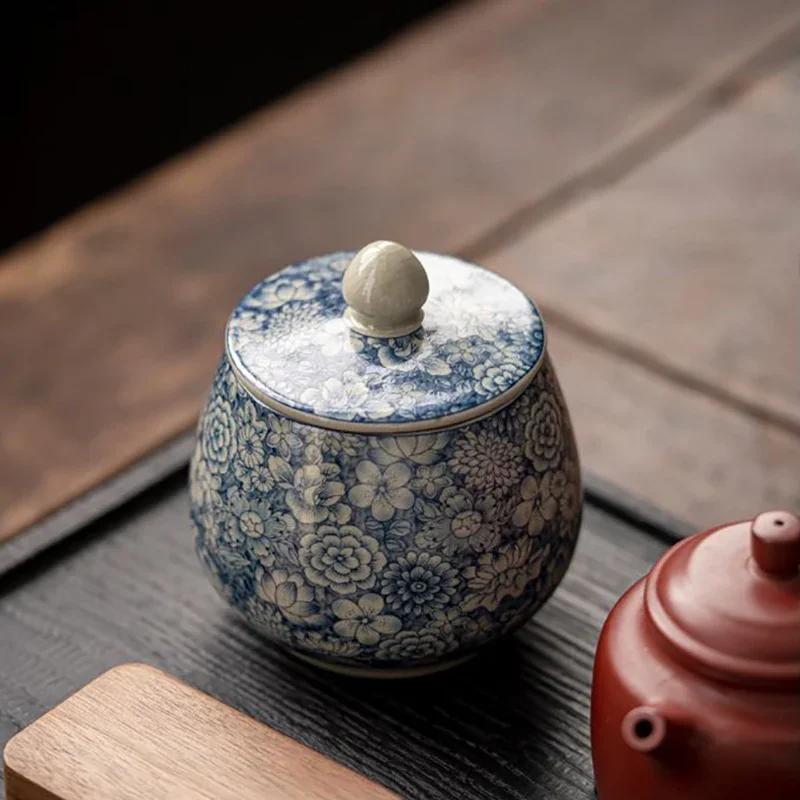 Cache-pot bleu et blanc en porcelaine vintage - Pot scellé pour thé ou café