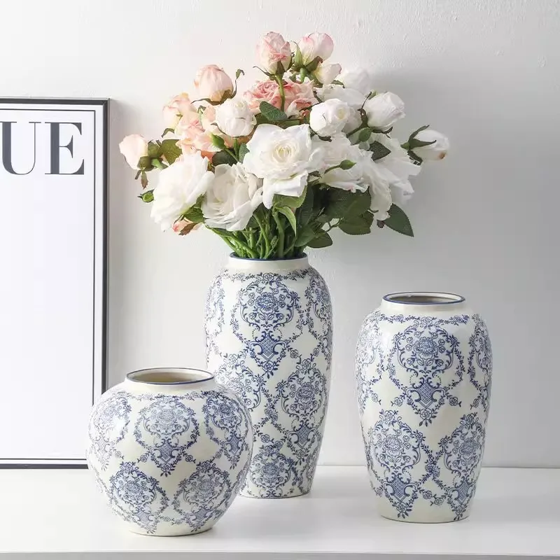 vase decoratif ceramic bleu blanc motif floral elegantintérieur fleurs artificiellesbranches fleurs deco