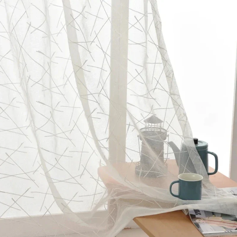 Rideau Transparent en Tulle avec Formes Géométriques Brodées