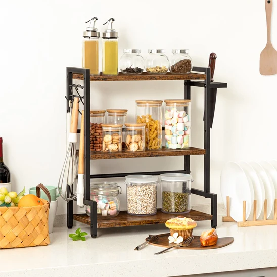 Etagère à épices à trois niveaux avec crochets et supports latéraux