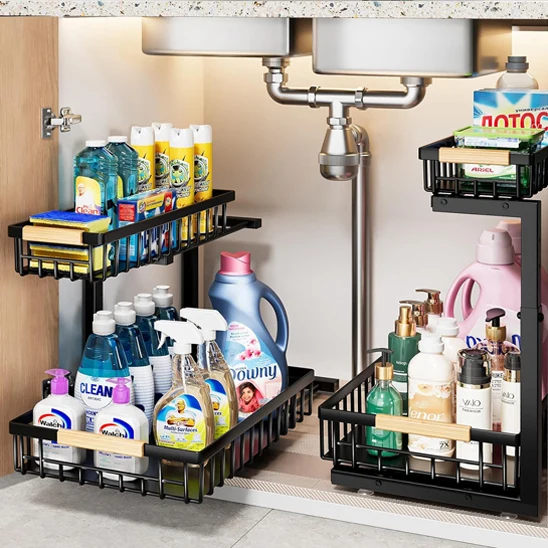 Lot de 2 supports de rangement sous évier en métal à 2 niveaux coulissants