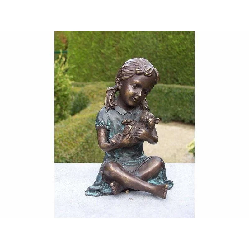 Petite fille jouant avec chat - 14 x 9 x 10CM - Statue en bronze