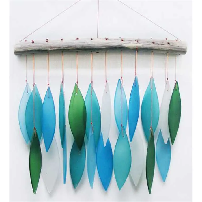 GLAS WIND CHIME LEAVES MARINES-COLORS 44 CM