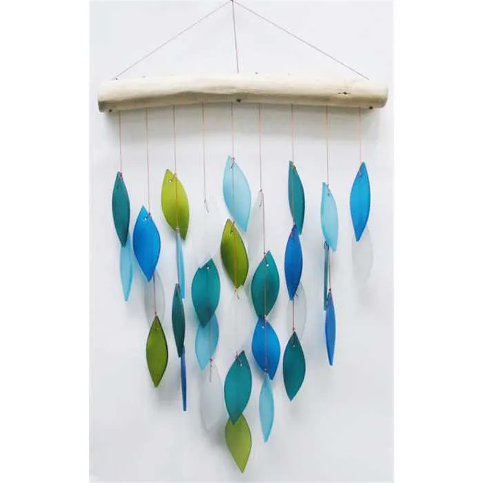 GLAS WIND CHIME LEAVES MARINE COLORS 56 CM