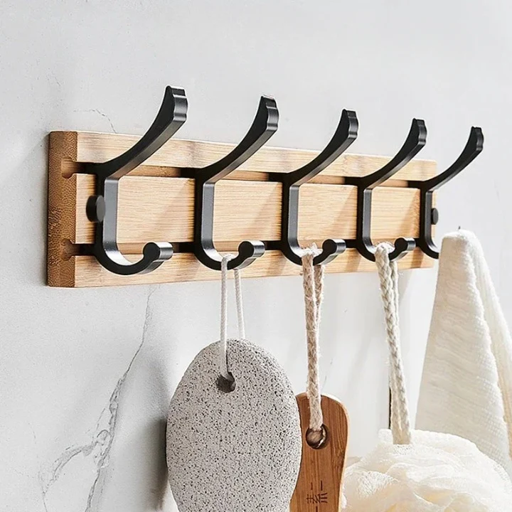 Porte Manteau Mural en Bambou avec 5 Crochets Mobiles
