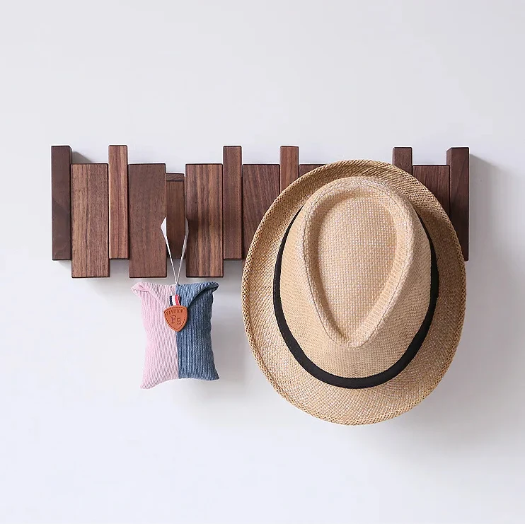 Porte Manteau Mural en Bois Massif avec 6 Crochets Pliables