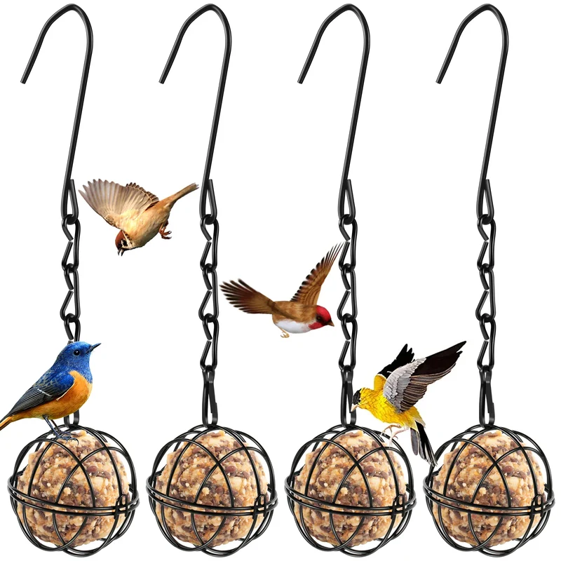 Lot de Quatre Mangeoires Oiseaux Noires en Forme de Boule en Fer