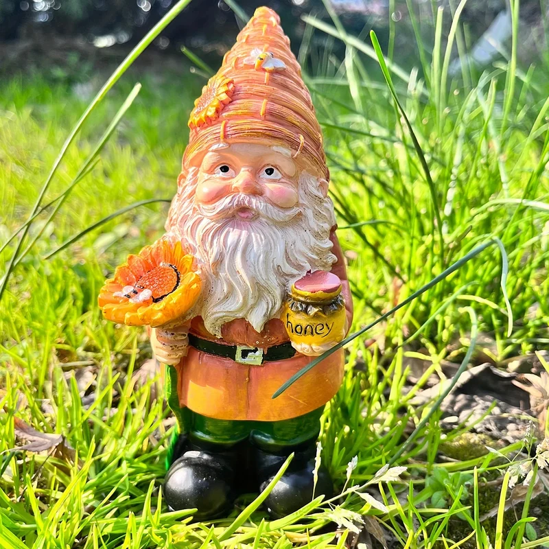 Nain de Jardin Décoratif avec du Miel et un Tournesol en Résine