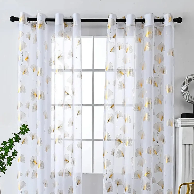 Rideau Transparent avec Imprimés de Fleurs Dorées