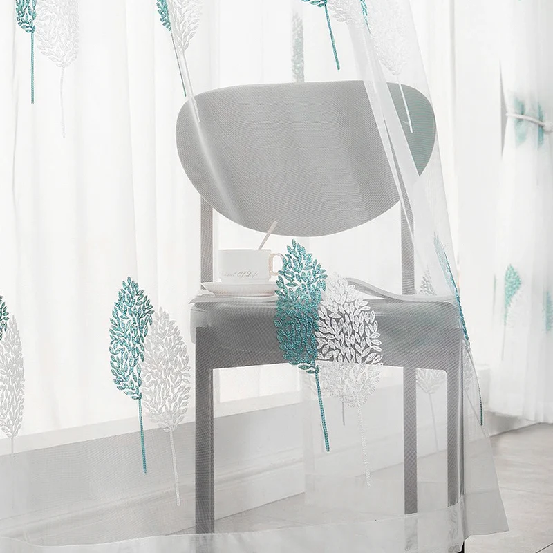 Rideau Transparent de Style Pastoral avec Feuilles Brodées