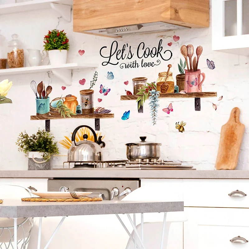 Sticker Cuisine en Forme d'Étagères avec des Ustensiles et des Papillons