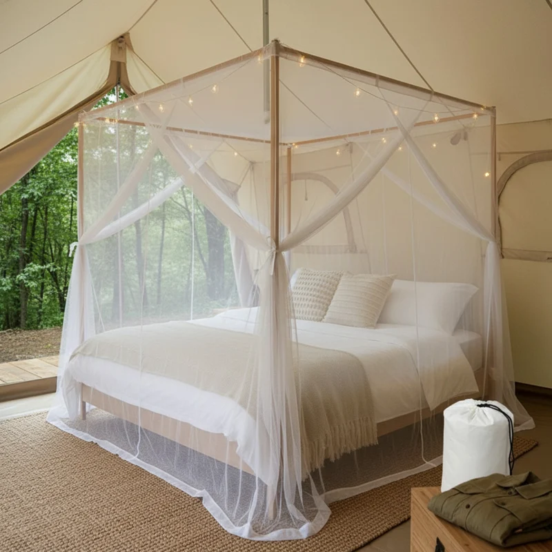 Moustiquaire de lit 4 coins pour camping et chambre - Blanche avec sac de rangement