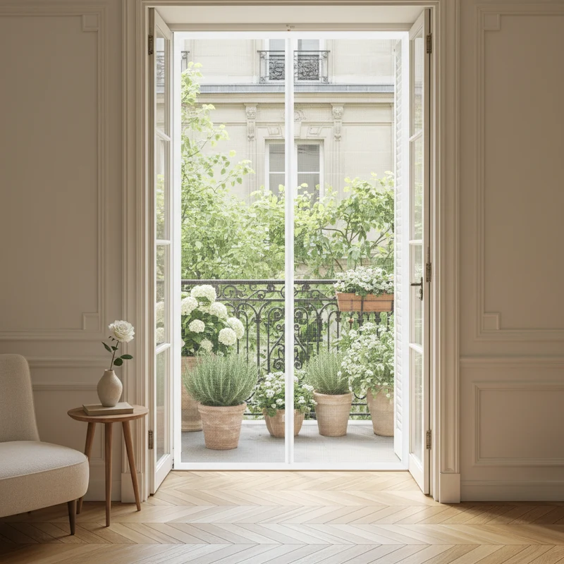 Moustiquaire de porte magnétique blanche sur-mesure, sans perçage