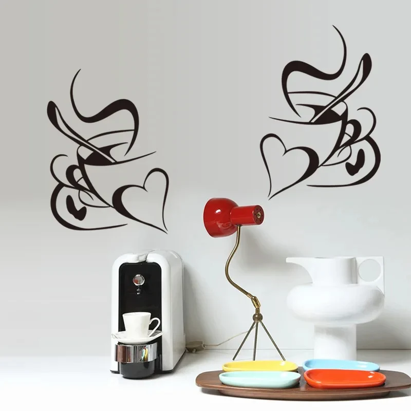 Sticker Mural Salon avec Deux Tasses à Café et Deux Cœurs