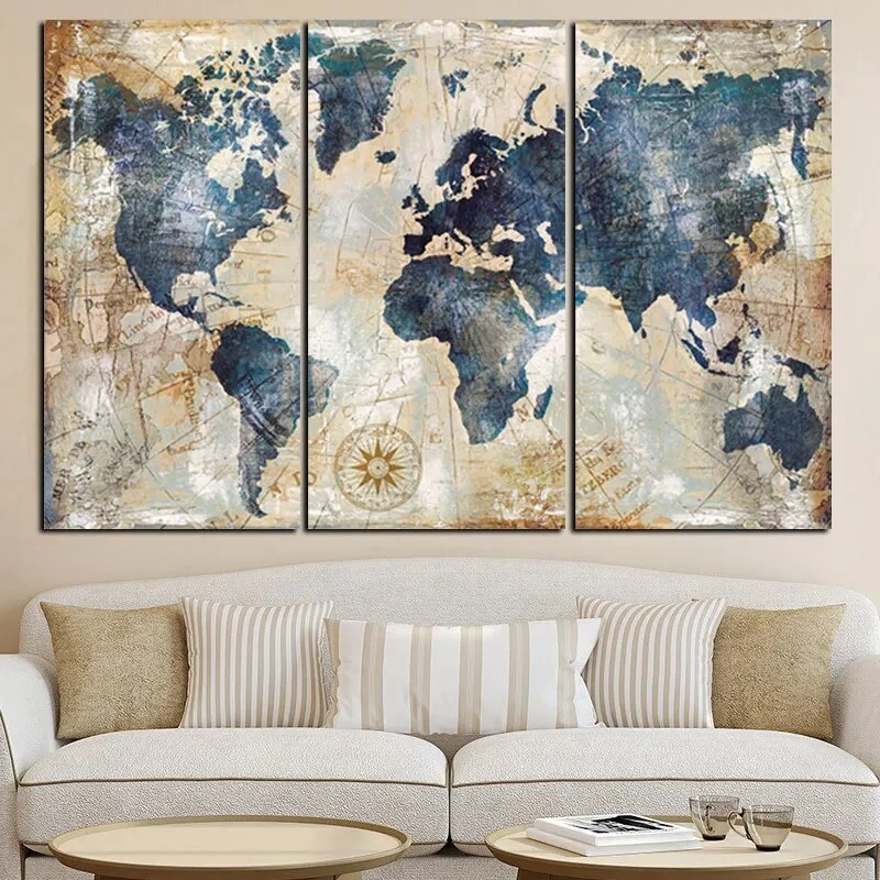 Tableau Décoratif Mural de Trois Pièces au Design de Carte du Monde