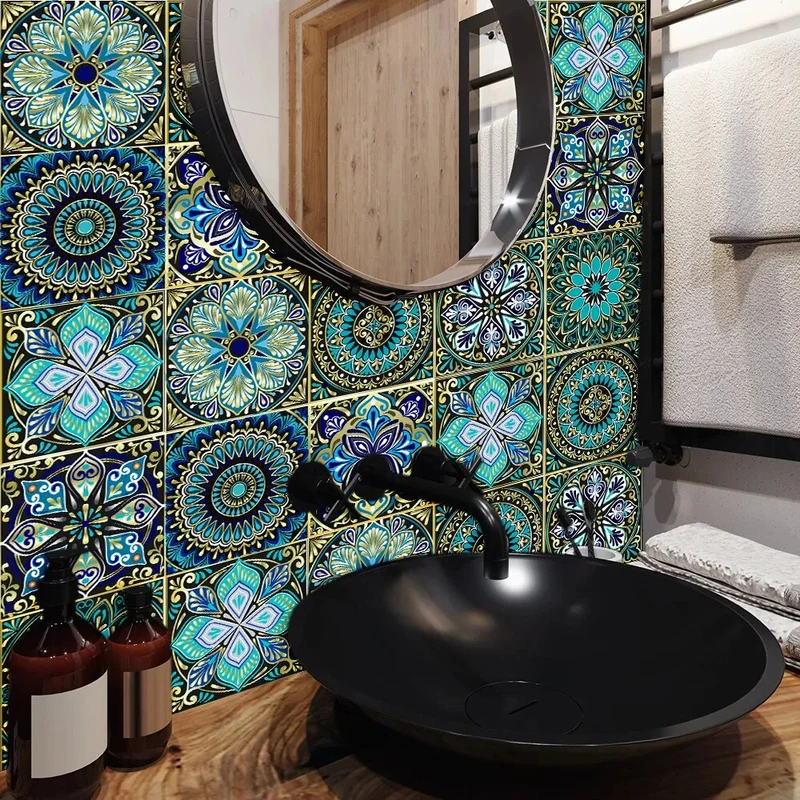 Panneau Mural avec Motifs Mandala Bleus Lot de 10 pcs 10 x 10 cm