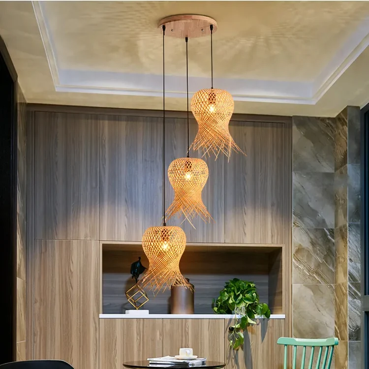 Lustre Bambou Tressé au Design Rétro à Trois Têtes