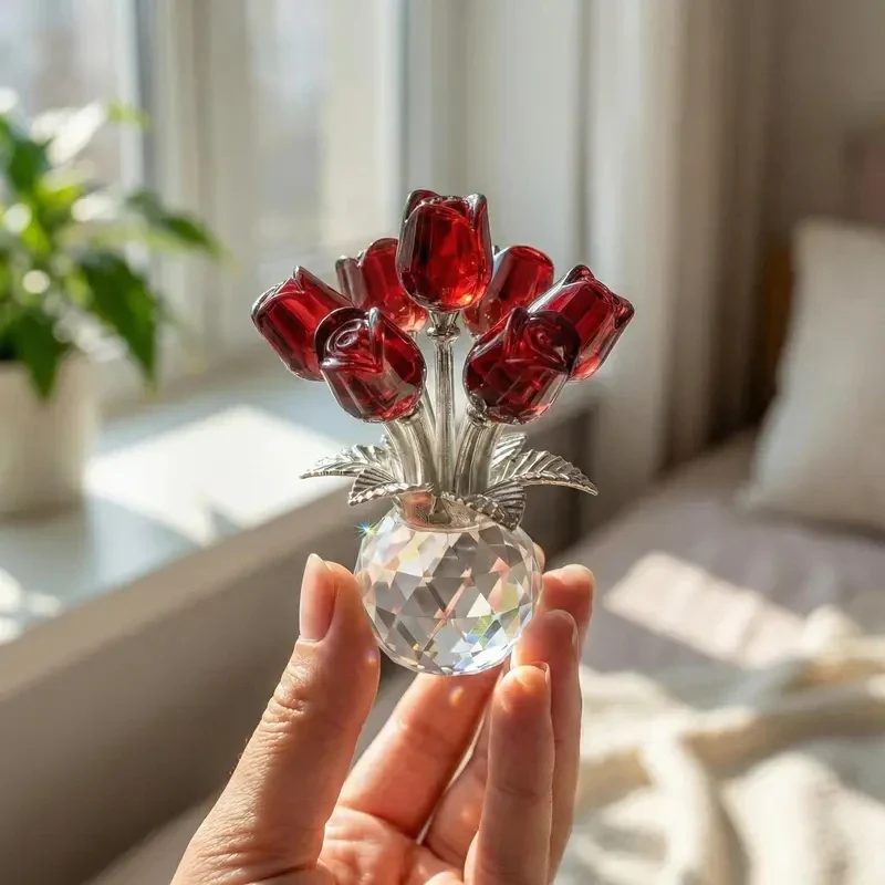 Crystal Rose Flower Figurine with Vase