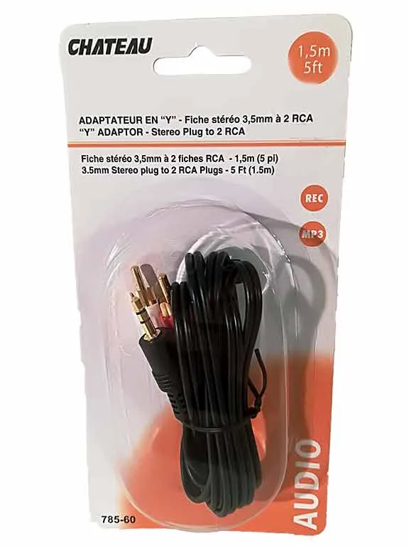 Adaptateur stéréo en ''Y'' fiche stéréo de 3,5mm. à 2 RCA