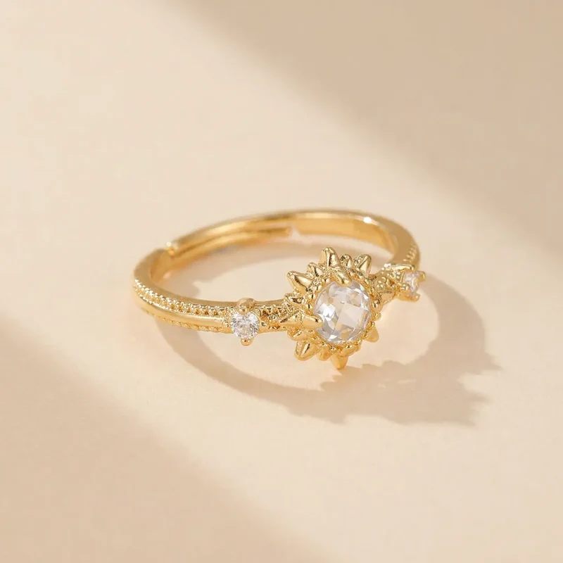 Bague Soleil | Bague femme fine en quartz clair et argent, taille ajustable