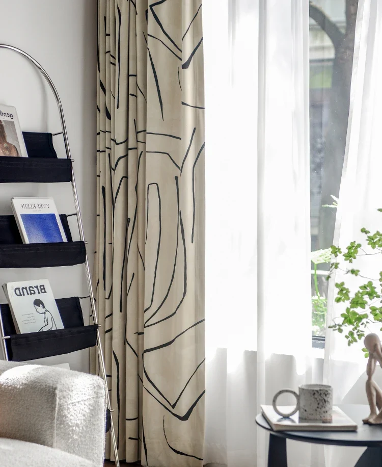 Rideau Blanc Motifs Noir Velours