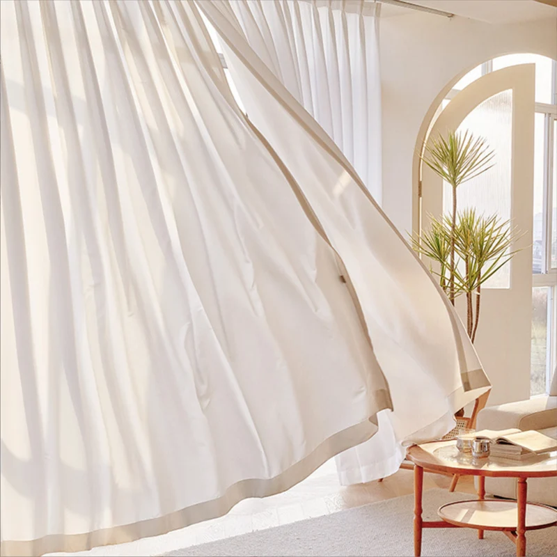 Voilage blanc uni ultra léger liseré beige salon chambre