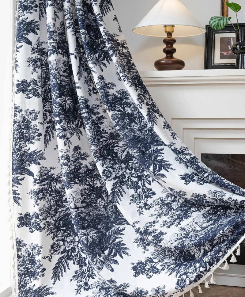 Voilage imprimé style toile de Jouy noir et blanc