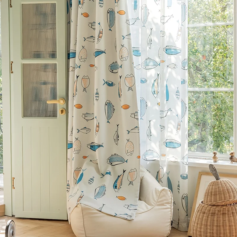 Rideau enfant beige motifs poissons bleu et orange
