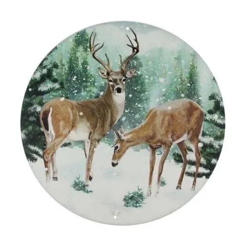 Enseigne murale ronde en métal Cerfs dans la forêt enneigée