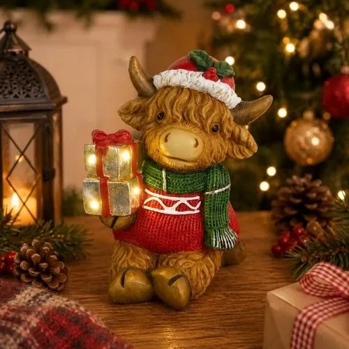 Vache Highland décorative avec cadeaux lumineux
