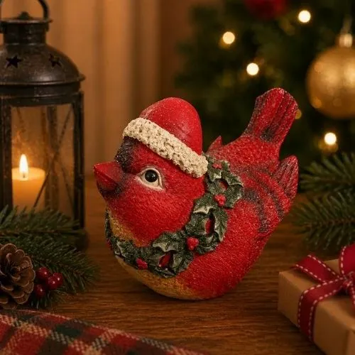 Cardinal décoratif avec couronne de houx